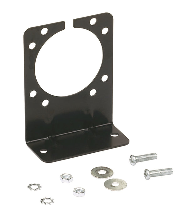 Hopkins MFG 48615 Trailer Wiring Connector Mounting Bracket; Compatibility - 7 RV Blade And 6 Pole Round Vehicle End Socket  Type - Angled  Color - Black  Mounting Type - Bolt-On  With Mounting Hardware - Yes  Quantity - Single