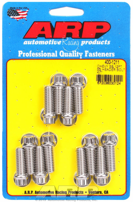 ARP Auto Racing  Exhaust Header Bolt 400-1211 Head Size - 3/8 Inch  Quantity - Set Of 12  Head Type - 12 Point  Length (IN) - 1 Inch  Thread Size - 3/8 Inch  Finish - Polished  Color - Silver  Material - Stainless Steel