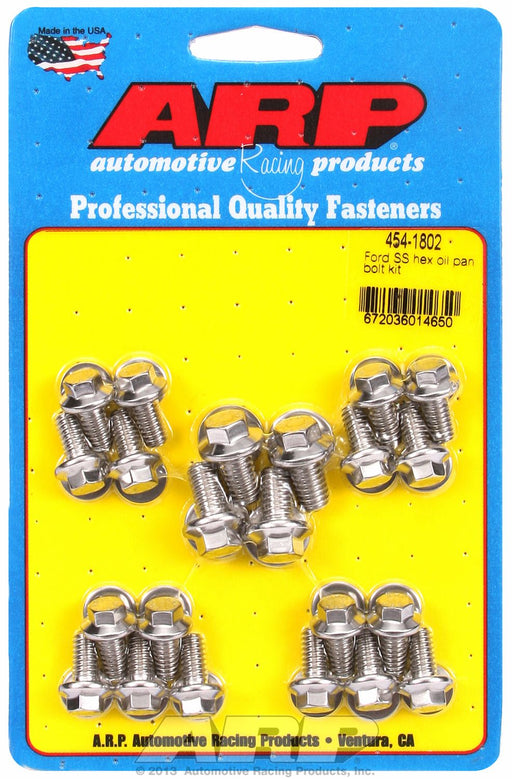 ARP Auto Racing  Oil Pan Bolt Set 454-1802 Engine Compatibility - Ford Small Block  Head Type - Hex  Finish - Polished  Color - Silver  Material - Stainless Steel  Includes Washers - Yes