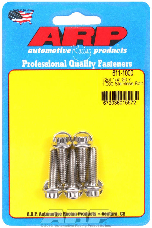ARP Fasteners 611-1000 Bolt; Type - Standard  Thread Size - 1/4 Inch-20  Head Type - 12-Point  Under Head Length - Standard - 1 Inch  Socket Size - 5/16 Inch  Finish - Polished  Color - Silver  Material - Stainless Steel  Quantity - Pack of 5