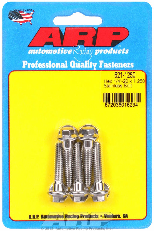 ARP Auto Racing  Bolt 621-1250 Type - Standard  Thread Size - 1/4 Inch-20  Head Type - Hex  Under Head Length - Standard - 1-1/4 Inch  Socket Size - 5/16 Inch  Finish - Polished  Color - Silver  Material - Stainless Steel  Quantity - Pack of 5