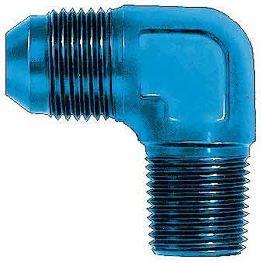 Aeroquip FCM2017 Adapter Fitting; Fitting Type - Elbow  End Type1 - Male Threads  End Size1 - 3/4 Inch (-12 AN)  End Type2 - Male Threads  End Size2 - 1/2 Inch NPT  Fitting Angle - 90 Degree  Finish - Anodized  Color - Blue  Material - Aluminum