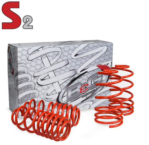B&G Springs 12.1.014 Lowering Kit S2 Series; Front Drop (IN) - 1.4 Inch  Rear Drop (IN) - 1 Inch  Spring Design - Progressive  Finish - Phosphate Treated And A Baked On Resin Powder Coated  Color - Orange  Material - High Tensile Chromium Silicone