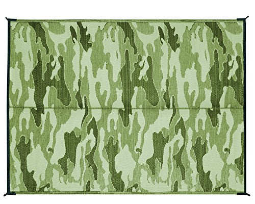 Camco  Camping Mat 42886 Length - 9 Feet  Width - 6 Feet  Color - Camouflage  Material - Mold And Mildew Resistant  Reversible - Yes  With Grommet - No  With Storage Bag - Yes