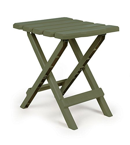 Camco Adirondack Table 51880 Height (IN) - 15 Inch  Shape - Rectangular  Length (IN) - 12 Inch  Width (IN) - 14 Inch  Weight Capacity - 30 Pounds  Foldable - Yes  Color - Sage  Material - Plastic