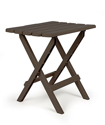 Camco Adirondack Table 51886 Height (IN) - 19-1/2 Inch  Shape - Rectangular  Length (IN) - 18 Inch  Width (IN) - 15 Inch  Weight Capacity - 40 Pounds  Foldable - Yes  Color - Brown  Material - Plastic