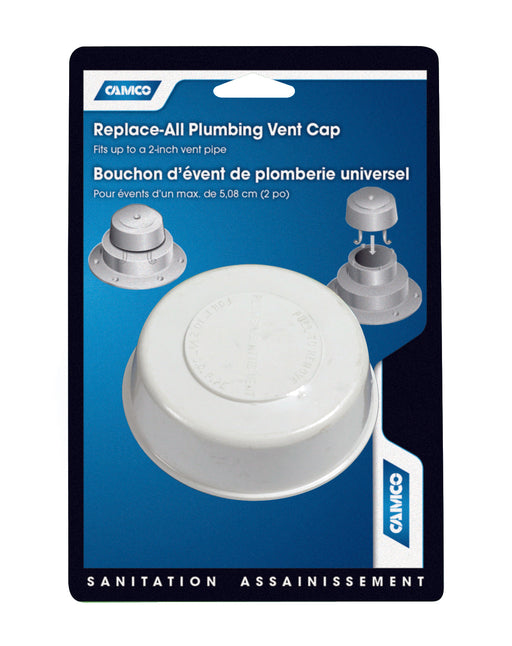 Camco 40034 Sewer Vent Cap Replace-All; Used For - Cap Eliminates Need To Replace Entire Vent  Compatibility - Fits Up To 2 Inch Vent Pipe  Color - Polar White