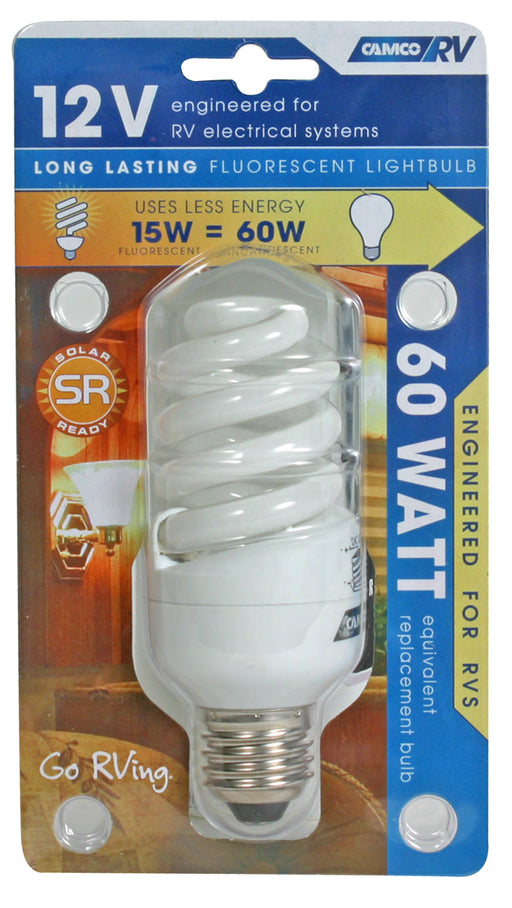 Camco 41313 Multi Purpose Light Bulb; Base Type - Screw-In  Type - Fluorescent  Color - Clear  Wattage - 60 Watts  Voltage Rating - 12 Volts  Quantity - Single