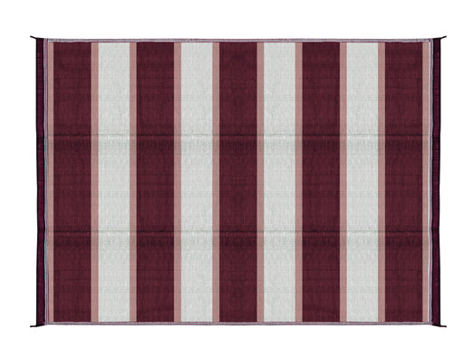 Camco 42872 Camping Mat; Length - 9 Feet  Width - 6 Feet  Color - Burgundy Stripe  Material - Mold And Mildew Resistant  Reversible - Yes  With Grommet - No  With Storage Bag - No