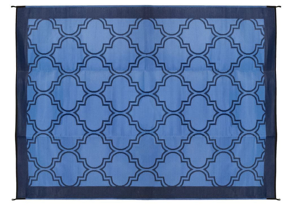 Camco  Camping Mat 42876 Length - 9 Feet  Width - 6 Feet  Color - Blue/ Blue Lattice  Material - UV Resistant  Reversible - Yes  With Grommet - No  With Storage Bag - No