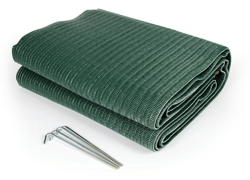Camco 42880 Camping Mat; Length - 9 Feet  Width - 6 Feet  Color - Green  Material - Mold And Mildew Resistant  Reversible - Yes  With Grommet - Yes  With Storage Bag - No