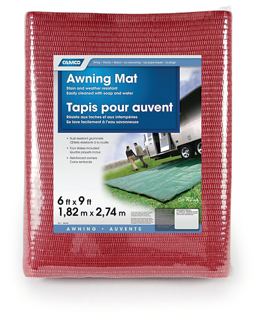 Camco 42882 Camping Mat; Length - 9 Feet  Width - 6 Feet  Color - Burgundy  Material - Mold And Mildew Resistant  Reversible - Yes  With Grommet - Yes  With Storage Bag - No