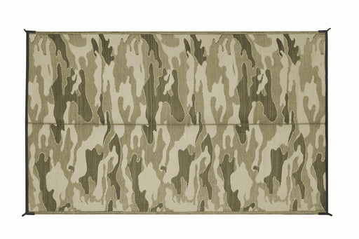 Camco  Camping Mat 42886 Length - 9 Feet  Width - 6 Feet  Color - Camouflage  Material - Mold And Mildew Resistant  Reversible - Yes  With Grommet - No  With Storage Bag - Yes
