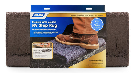 Camco 42967 Entry Step Rug; Compatibility - Manual And Electric Steps  Length (IN) - 22 Inch  Width (IN) - 23 Inch  Color - Brown  Material - Looped PVC With TPE Backing  Mounting Type - Wrap Around Hook And Spring