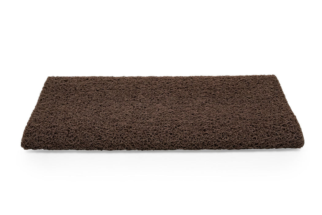Camco 42967 Entry Step Rug; Compatibility - Manual And Electric Steps  Length (IN) - 22 Inch  Width (IN) - 23 Inch  Color - Brown  Material - Looped PVC With TPE Backing  Mounting Type - Wrap Around Hook And Spring