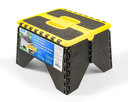 Camco 43637 Step Stool; Type - One Step  Width (IN) - 13 Inch  Height (IN) - 11-1/2 Inch  Capacity (LB) - 300 Pound  Color - Yellow/ Black  Material - UV Stabilized Impact Resistant Resin  With Foldable Leg - Yes