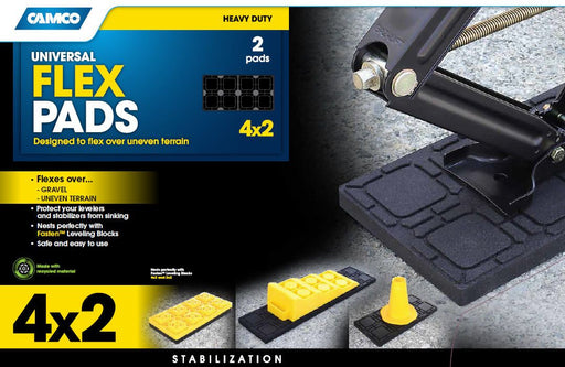 Camco Flex Pads Trailer Stabilizer Jack Stand Pad 44601 Compatibility - Protects Levelers And Stabilizers From Sinking On Uneven Terrain  Length (IN) - 17 Inch  Width (IN) - 8-1/2 Inch  Color - Black  Quantity - Set Of 2
