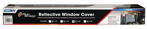 Camco 45163 Window Shade; Type - Manual  Width (IN) - 62 Inch  Height (IN) - 26 Inch  Color - Silver  Installation Type - Attaches With Hook-And-Loop Fasteners  Fitment - RV Windows  Reversible - No  Storage Type - Collapses For Storage