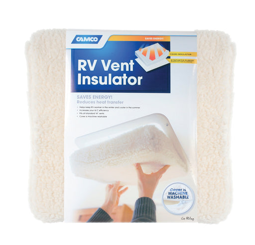 Camco 45195 Roof Vent Insulation; Compatibility - 14 X 14 Inch Vents  Color - White  Material - 3 Inch Foam Without Reflective Backing  With Removable Cover - Yes  Quantity - Single With English/ French Language Packaging