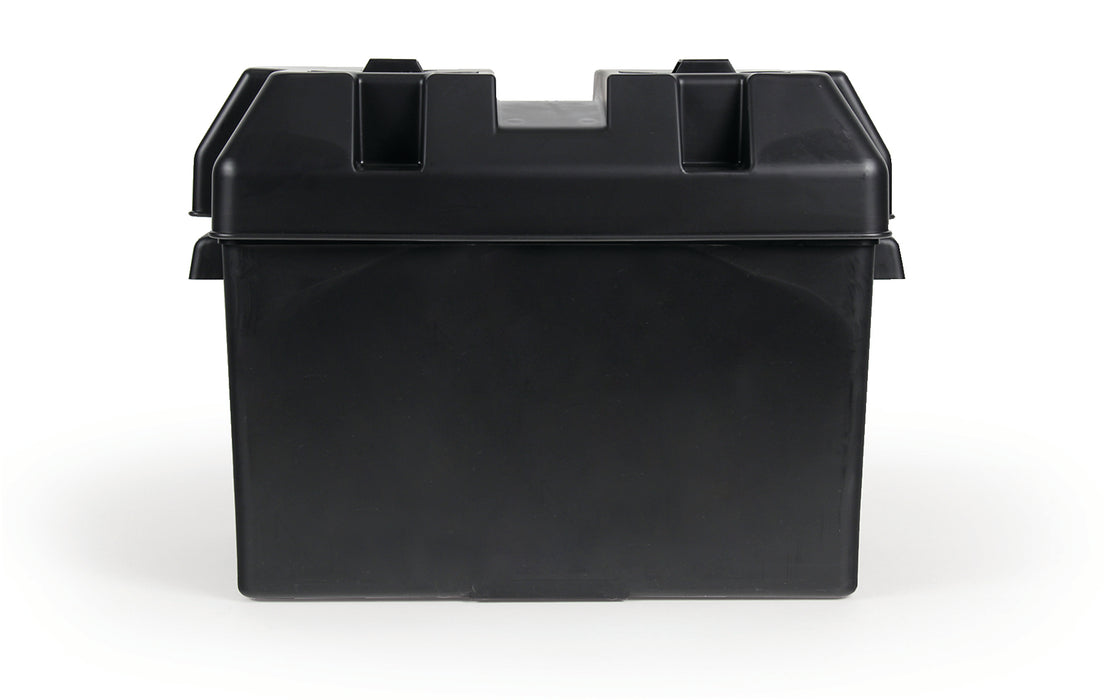 Camco 55372 Battery Box; Height - 13.87 Inch  Length - 7.87 Inch  Width - 10.9 Inch  Compatibility - Group 27/ 30/ 31 Battery  Vented - Yes  Color - Black  Material - Polypropylene  Includes Cable - Yes  Includes Hold-Down - Yes