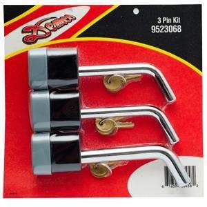 Demco RV 9523068 Trailer Hitch Pin; Includes Key Lock - Yes  Compatibility - Class III/ IV Hitches  Type - Bent Pin  Diameter (IN) - One 5/8 Inch And Two 1/2 Inch Pin  Includes Clip - No  Includes Dust Cover - Yes  Quantity - Set Of 3