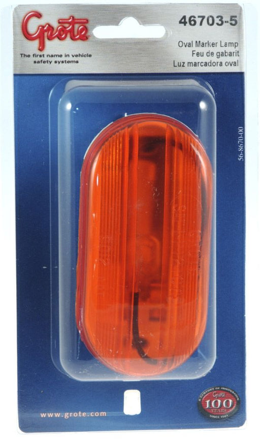 Grote  Side Marker Light 46703-5 Housing Color - White  Quantity - Single  Mounting Location - Universal Flat Mount  Lens Color - Yellow  Includes Wiring Harness - Yes  Shape - Oval  Bulb Type - Incandescent