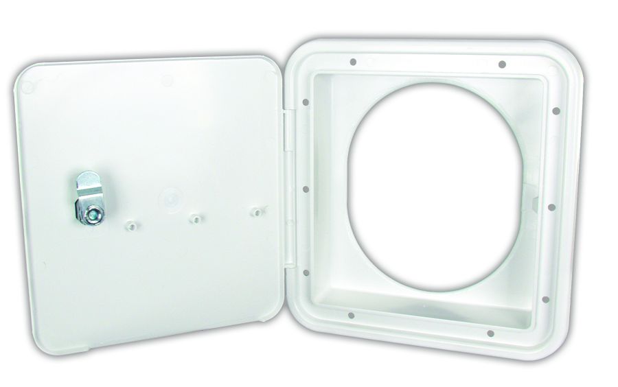 JR Products  Fuel Door 71122-OVAL-A Ring Style - OEM  Shape - Rectangular  Ring Size (IN) - OEM  Door Size (IN) - OEM  Door Lock Option - Yes  Door Color - Polar White  Ring Color - Polar White