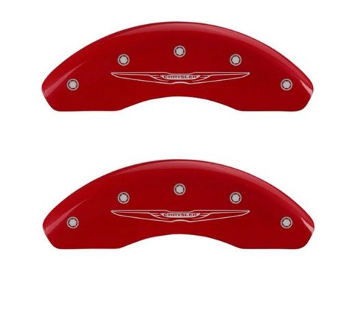 MGP Caliper Covers  Caliper Cover 32018SCW2RD Finish - Powder Coated  Color - Red  Material - Aluminum  Logo Design - Chrysler Wing Style 2 Engraving  Logo Color - Silver  Installation Type - Clip-On/ Fastening System  Quantity - Set Of 4