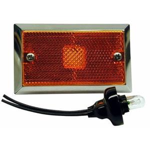 Peterson  Side Marker Light M125A Housing Color - Silver Trim  Quantity - Single  Mounting Location - Surface Mount  Lens Color - Amber  Includes Wiring Harness - Yes  Shape - Rectangle  Bulb Type - Incandescent