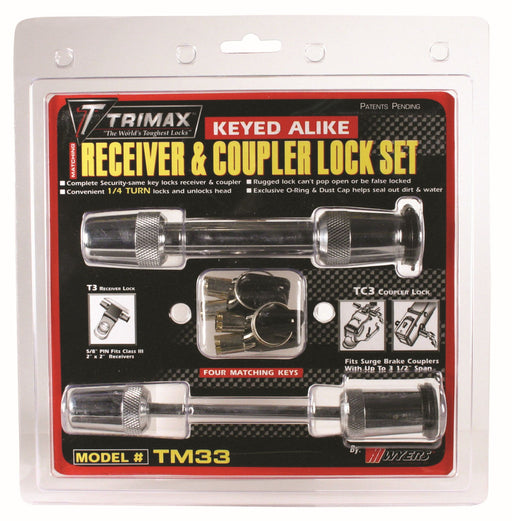 Trimax Locks TM33 Trailer Hitch Pin; Includes Key Lock - Yes  Type - Barbell  Diameter (IN) - 5/8 Inch  Length (IN) - 3-1/2 Inch Receiver/ 7/8 Inch Coupler  Includes Clip - No  Includes Dust Cover - Yes  Material - Stainless Steel