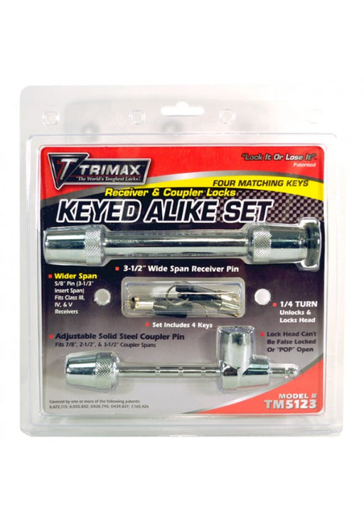 Trimax Locks And Security  Trailer Hitch Pin TM5123 Includes Key Lock - Yes  Compatibility - Class III Thru Class V Hitches  Type - Barbell  Includes Clip - No  Includes Dust Cover - Yes  Material - Stainless Steel