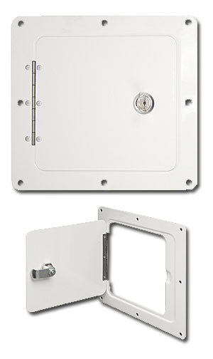 Ultra-Fab Products 48-979009 Access Door; Door Size (IN) - 5 Inch Length X 5 Inch Width  Overall Size (IN) - 13 Inch Length X 12 Inch Width  Color - White  Material - Stainless Steel  Lockable - Yes  Drilling Required - No