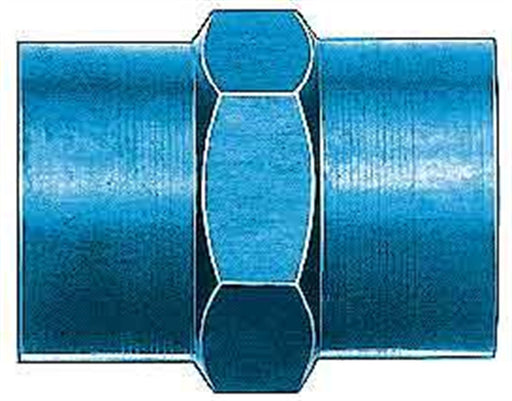Aeroquip FCM2130 Coupler Fitting; End Type1 - Female Threads  End Size1 - 1/4 Inch NPT  End Type2 - Female Threads  End Size2 - 1/4 Inch NPT  Fitting Angle - Straight  Finish - Anodized  Color - Blue  Material - Aluminum
